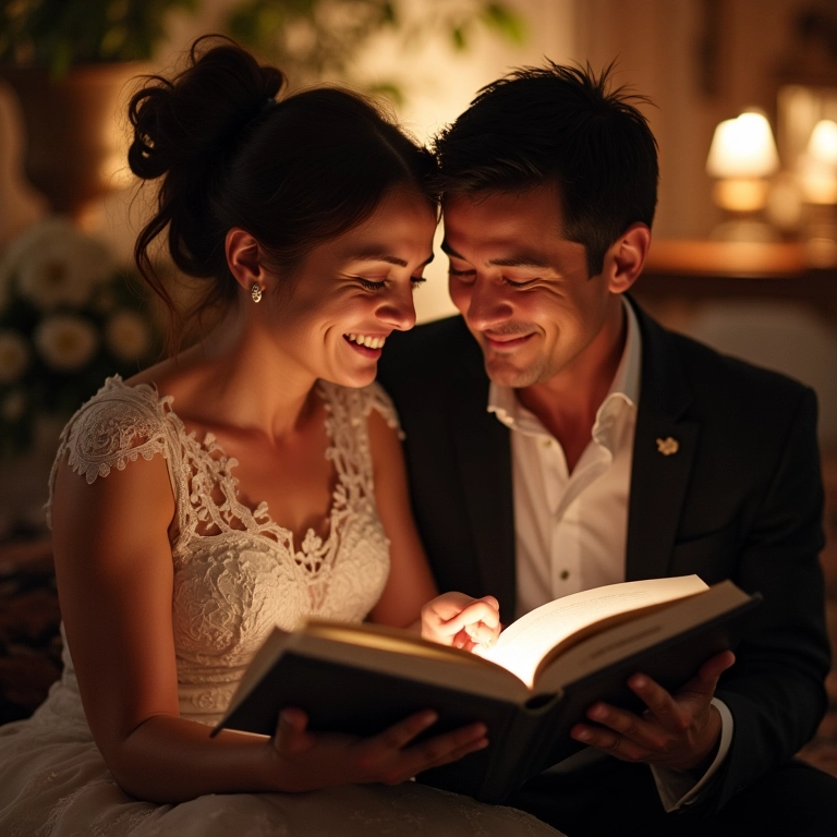 Casal relembrando fotos do casamento em álbum na pousada.