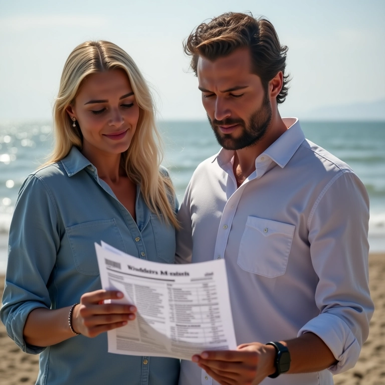 Casal revisando planilha de orçamento de casamento com consultor financeiro.