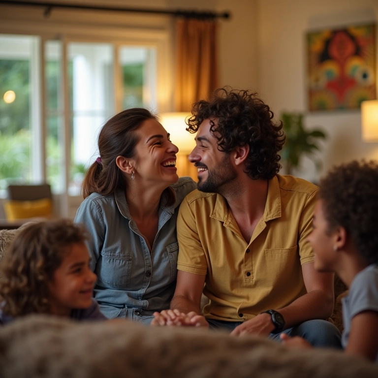 Casal rindo com amigos e família em sala de estar brasileira.