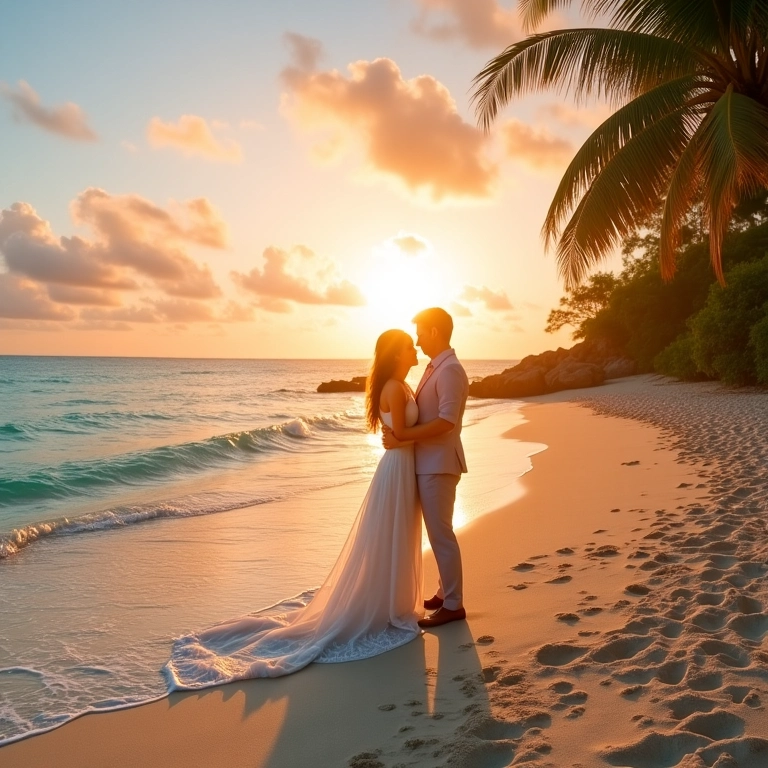 Casal se abraçando em casamento romântico ao pôr do sol no Taiti.