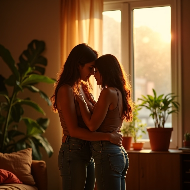 Casal se abraçando em ensaio fotográfico lifestyle em casa com decoração brasileira.