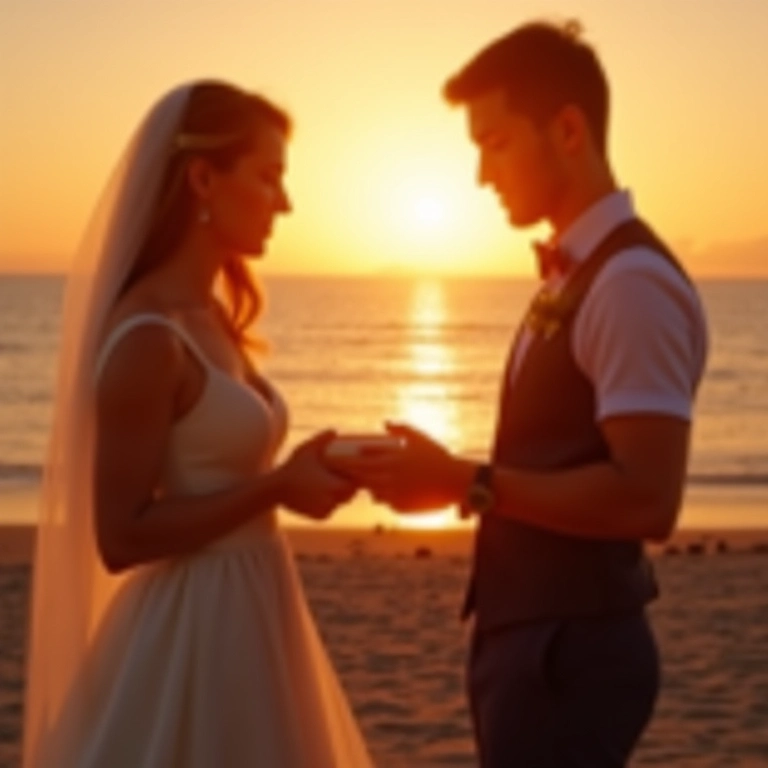Casal segurando uma caixa de memórias durante cerimônia ao pôr do sol.