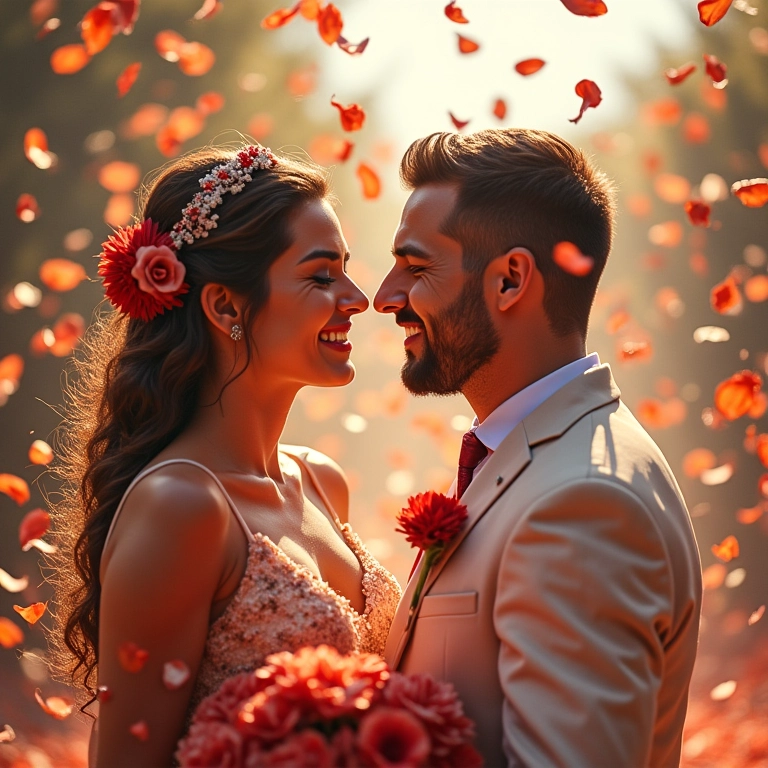 Casal sendo banhado por pétalas de flores coloridas, alternativa sustentável.