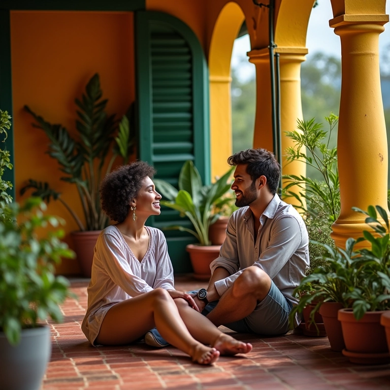 Casal sorrindo e conversando em varanda brasileira vibrante, representando planejamento familiar.