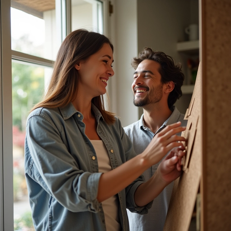 Casal sorrindo e planejando projetos em um quadro em apartamento aconchegante.