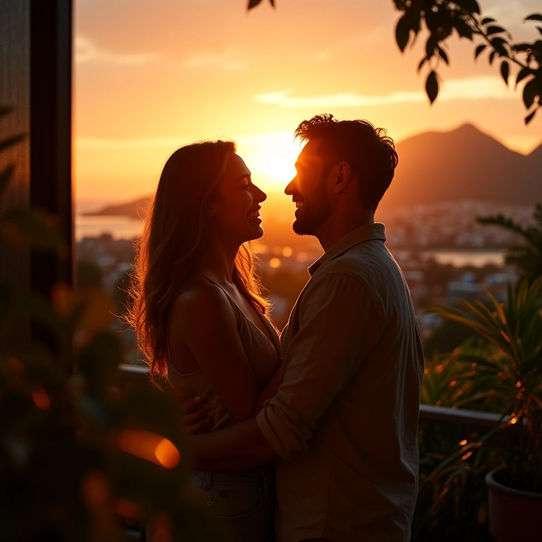 Casal sorrindo em varanda aconchegante com vista para o Rio de Janeiro.