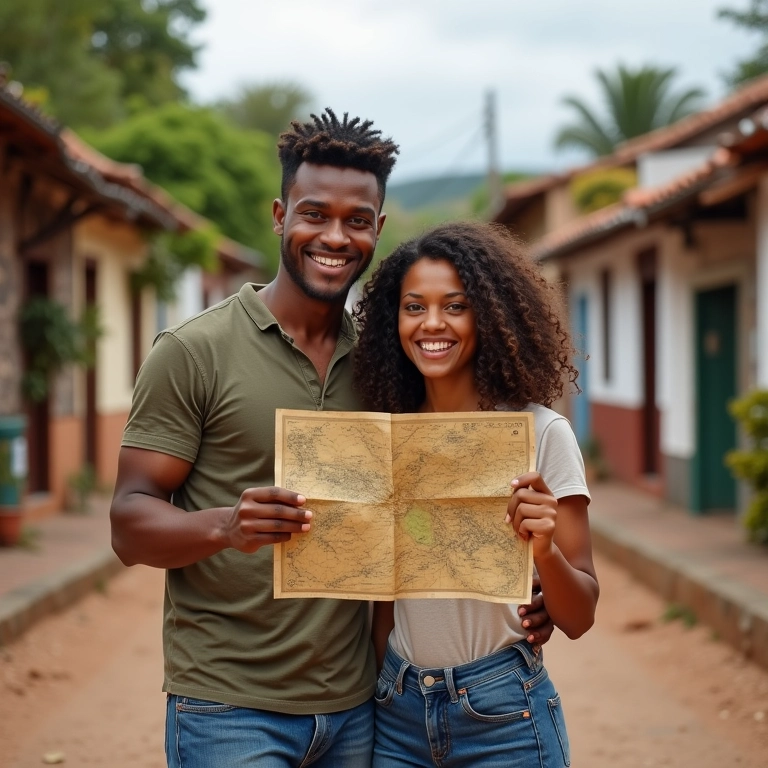 Casal sorrindo encontrando pista de caça ao tesouro em Paraty.