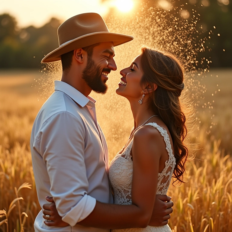 Casal sorrindo enquanto é banhado por arroz em casamento, tradição brasileira.
