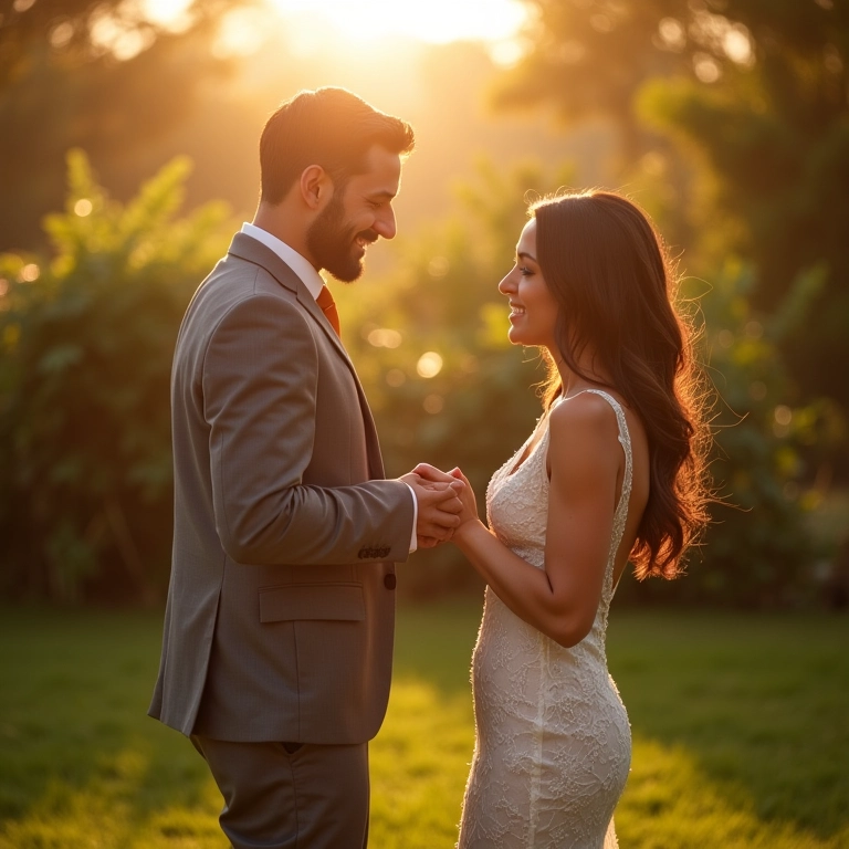 Casal trocando alianças em casamento ao ar livre no Brasil.