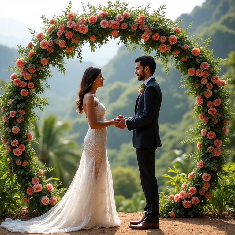 Casal trocando votos em casamento ao ar livre com decoração floral exuberante.