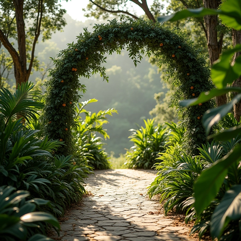 Casamento ao ar livre com vegetação exuberante e arco natural em paisagem brasileira.