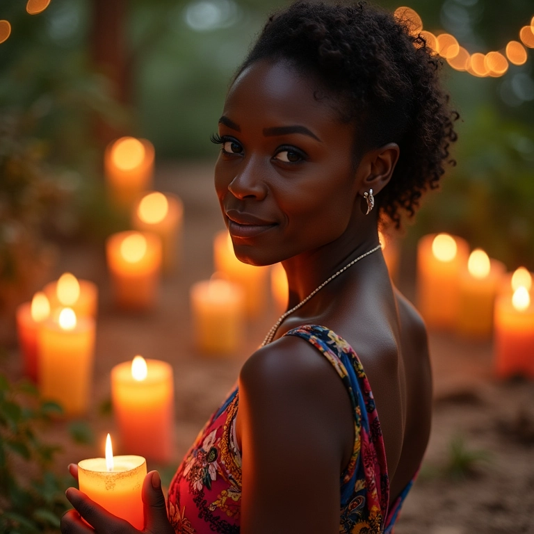 Casamento ao ar livre com velas em lanternas, iluminando a noite.