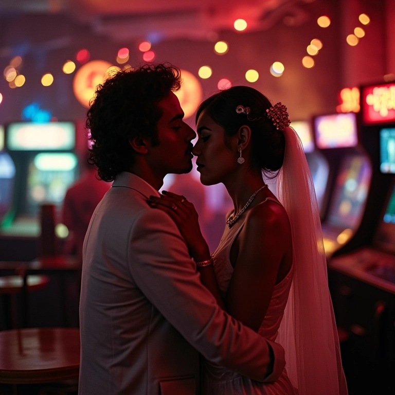 Casamento com tema Stranger Things com decoração anos 80 e casal diverso.