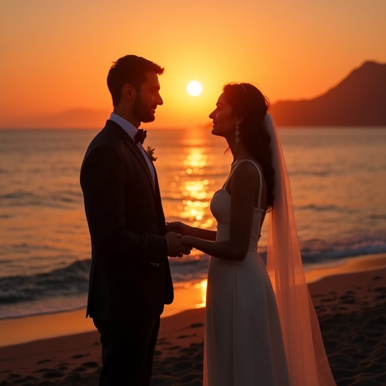 Casamento em Copacabana, Rio de Janeiro, com noivos trocando votos ao pôr do sol.