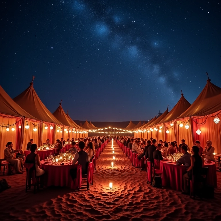 Casamento exótico no Marrocos sob as estrelas, com tendas luxuosas e música tradicional.