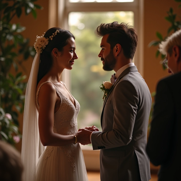 Casamento íntimo em pousada charmosa, noivos trocando votos.