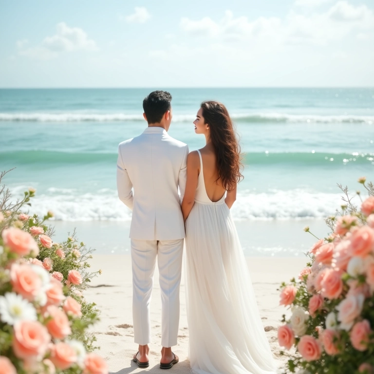 Casamento na praia com paleta de cores pastel, vista para o mar.