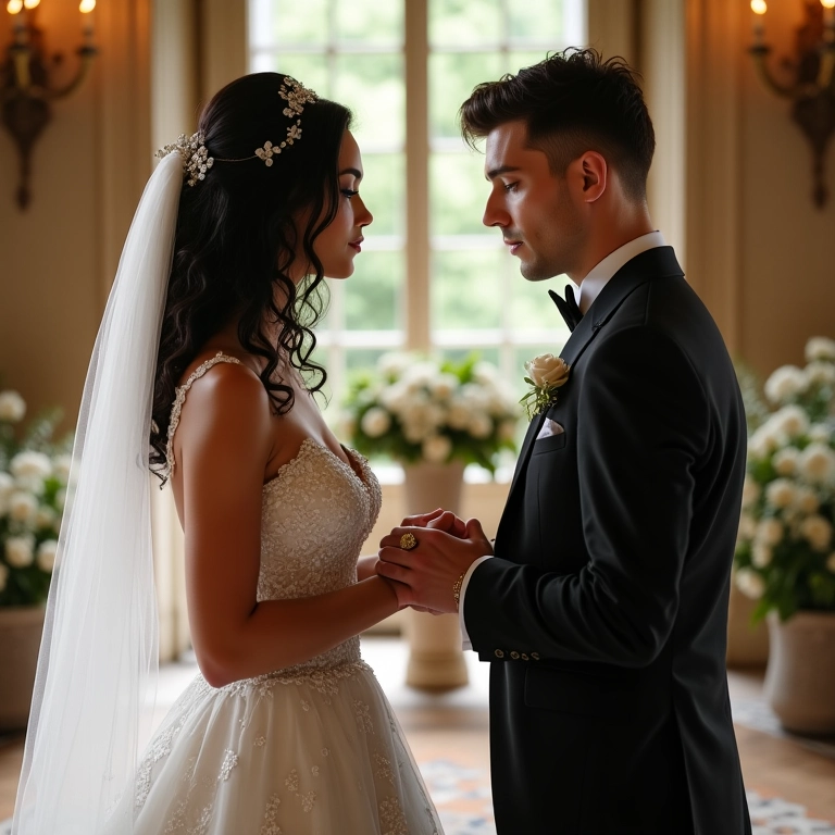 Casamento romântico em castelo francês, noivos trocando votos.