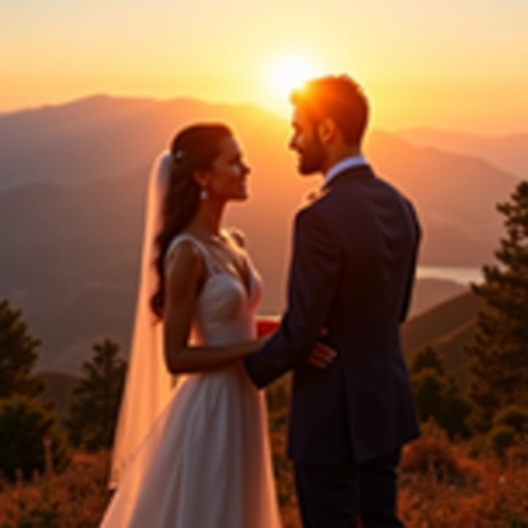 Casamento romântico na serra ao pôr do sol com noivos trocando votos.