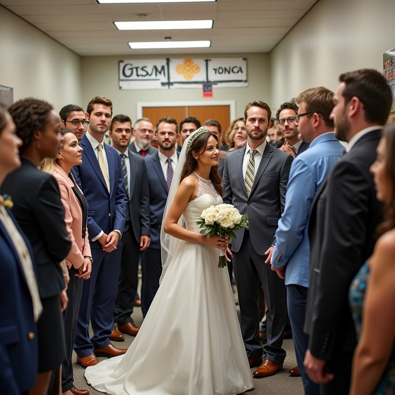 Casamento The Office com decorações excêntricas e colegas diversos.