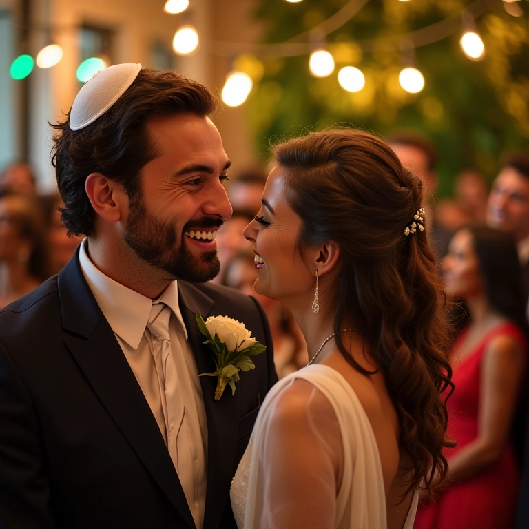 Celebração vibrante de casamento judaico com decoração brasileira e convidados diversos.