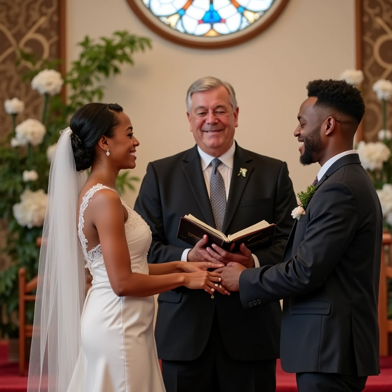 Celebrante conduzindo cerimônia de casamento religioso com efeito civil, sorrindo para o casal.