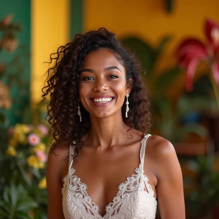 Celebrante social sorrindo em local de casamento decorado em estilo brasileiro.