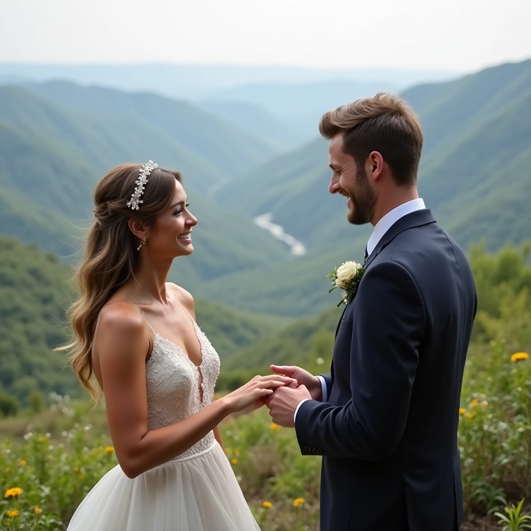 Cerimônia ao ar livre com vista para a natureza, casal trocando alianças.