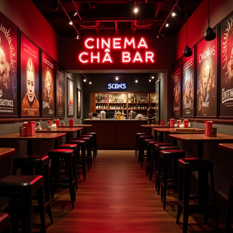 Chá Bar com tema de cinema com pôsteres de filmes.