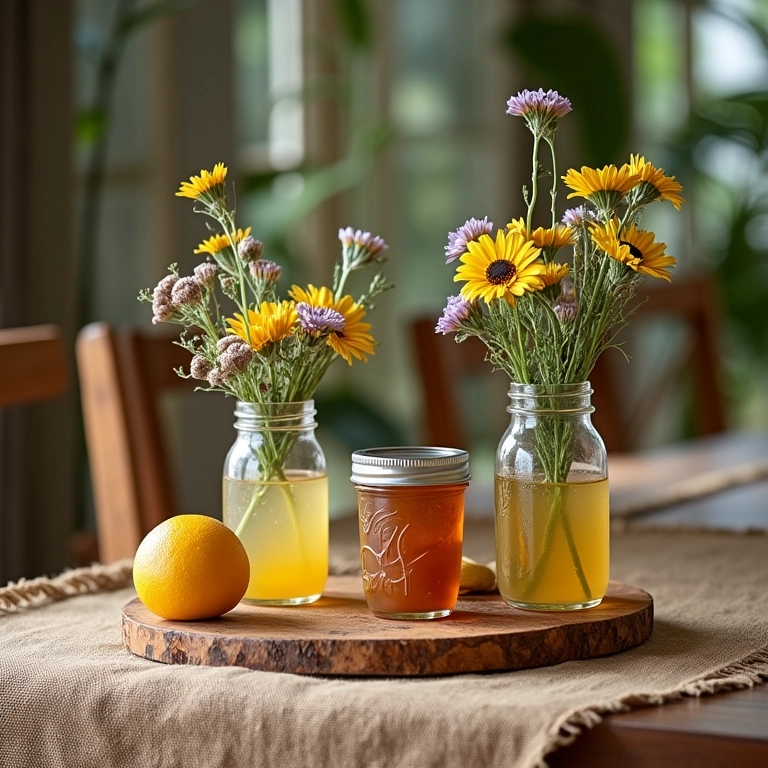 Chá Bar rústico com detalhes em madeira e flores.