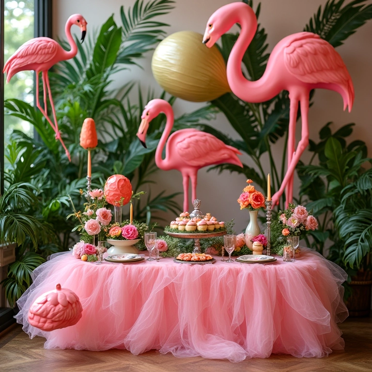 Chá de cozinha com tema tropical e decoração de flamingos.