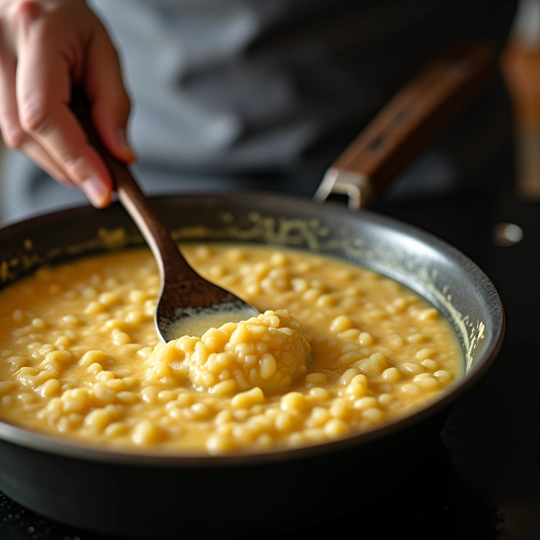 Chef mexendo risoto para manter a cremosidade.
