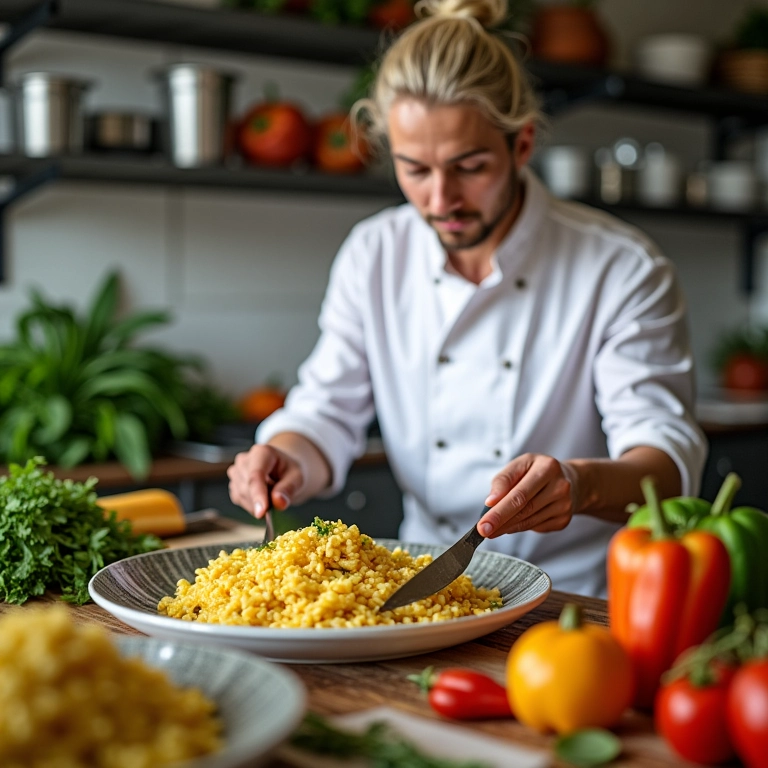 Chef preparando risoto com ingredientes frescos e utensílios de qualidade.