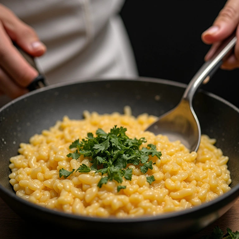 Chef utilizando caldo caseiro no preparo do risoto.