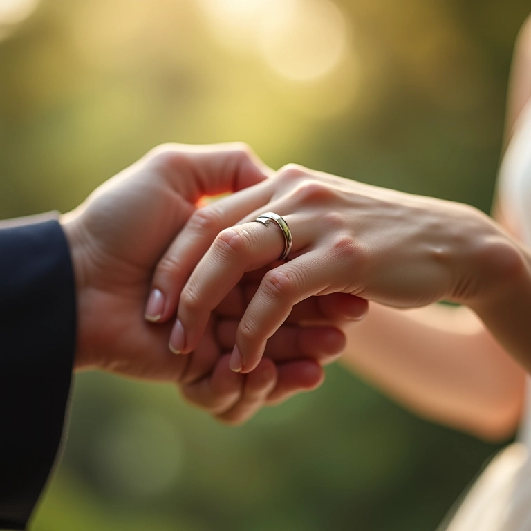 Close-up de mãos trocando alianças em cerimônia de casamento.