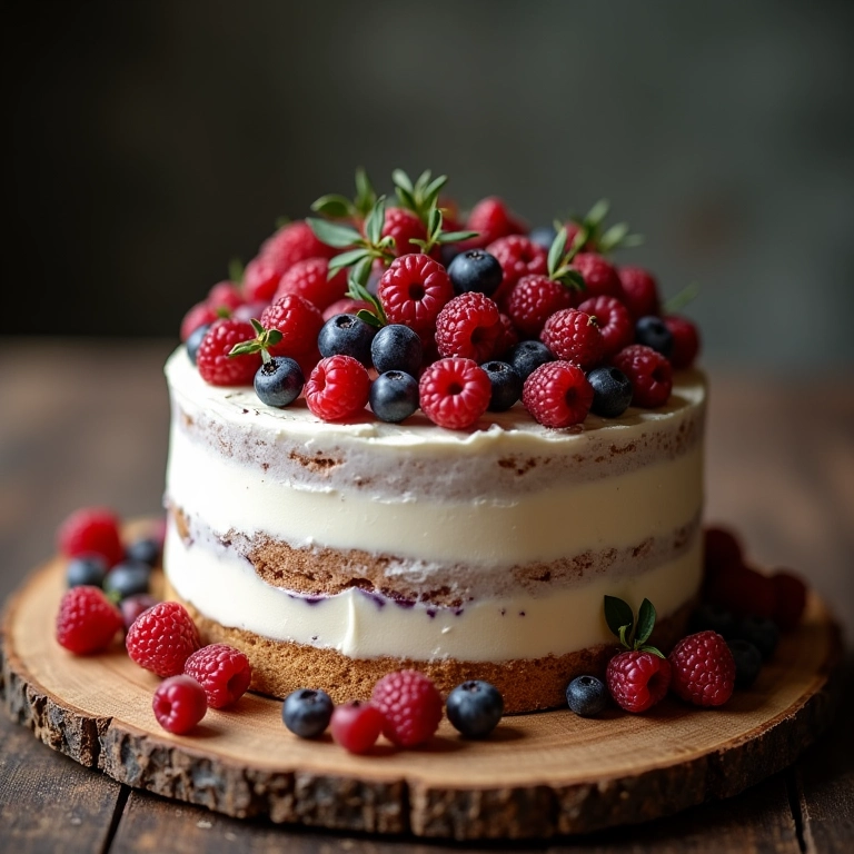 Close-up de um bolo naked decorado em uma mesa rústica.