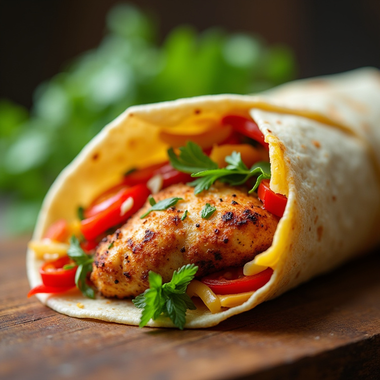 Close-up of a vibrant chicken wrap with colorful veggies, studio lighting, 8k, professional food Wrap de frango desfiado com legumes frescos e coloridos.