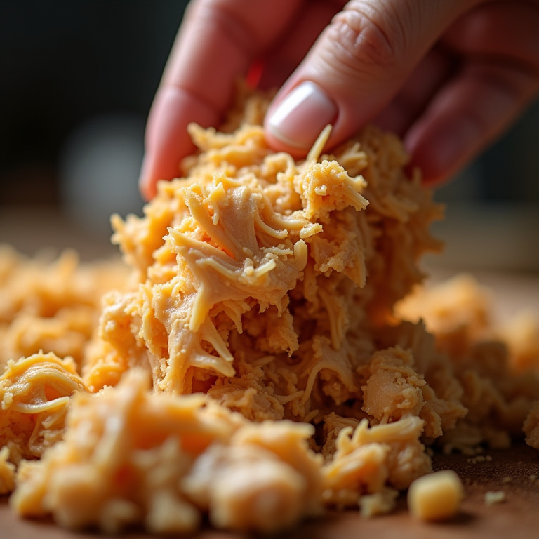 Close-up of shredded chicken being prepared, focus on texture and tenderness. Professional food Frango desfiado macio e suculento para o recheio do wrap.