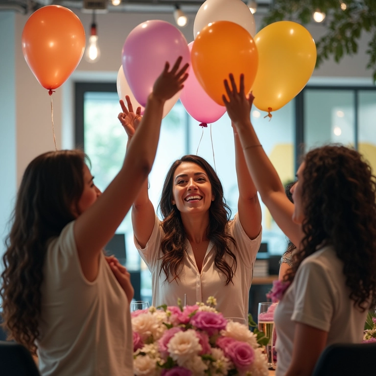 Colegas de trabalho celebram chá de cozinha no ambiente profissional.