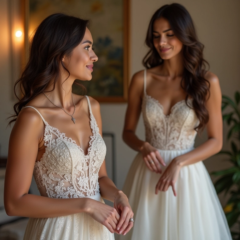 Consultora de noivas auxiliando mulher na escolha do vestido ideal.