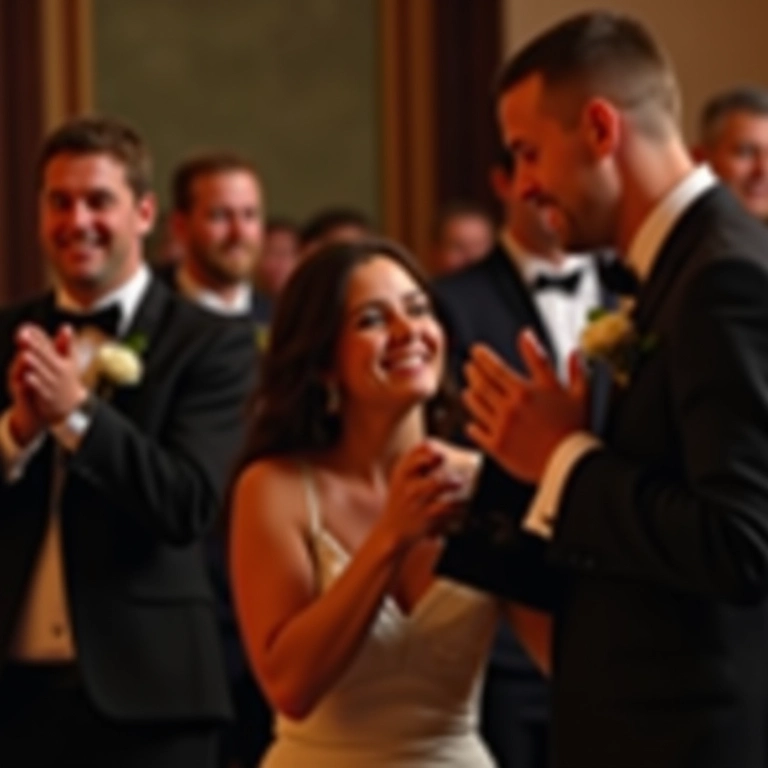 Convidados aplaudindo e sorrindo durante a dança do noivo e da mãe.