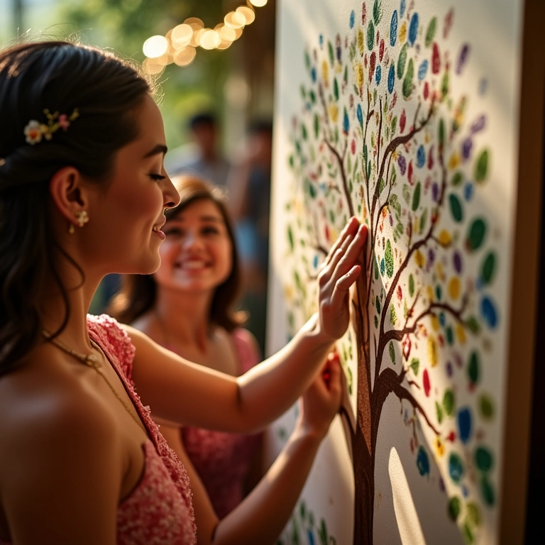 Convidados criando uma árvore de digitais colorida em uma festa de casamento.