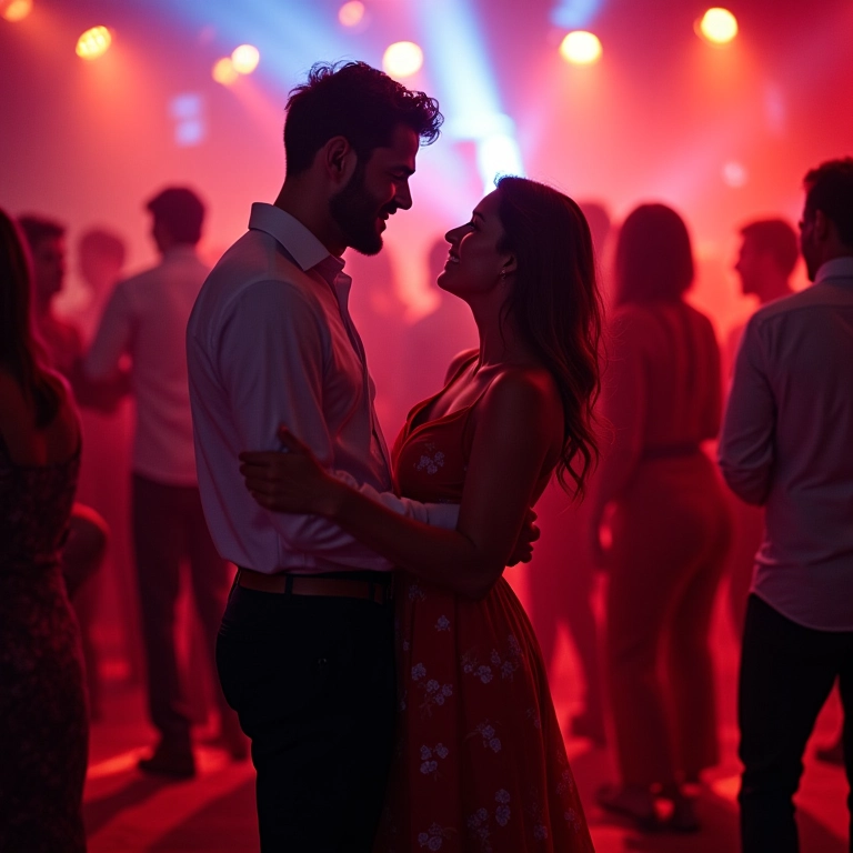 Convidados dançando hits atuais em festa de noivado animada e colorida.