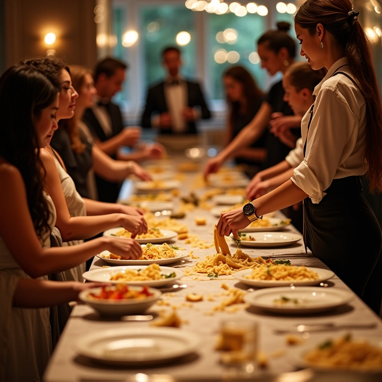Convidados desfrutando da estação de massas ao vivo em um casamento elegante.