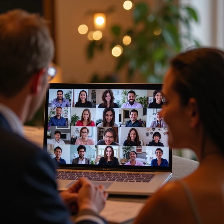 Convidados interagindo via videochamada durante casamento virtual.