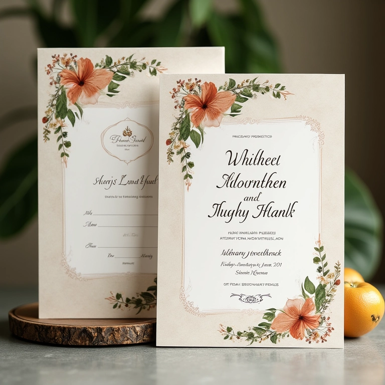 Convite de casamento elegante com detalhes florais brasileiros, indicando lista de presentes em dinheiro.