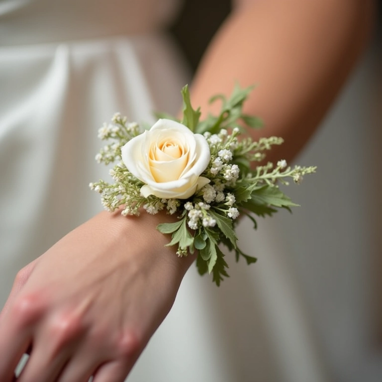 Corsage floral delicado no pulso de uma madrinha.