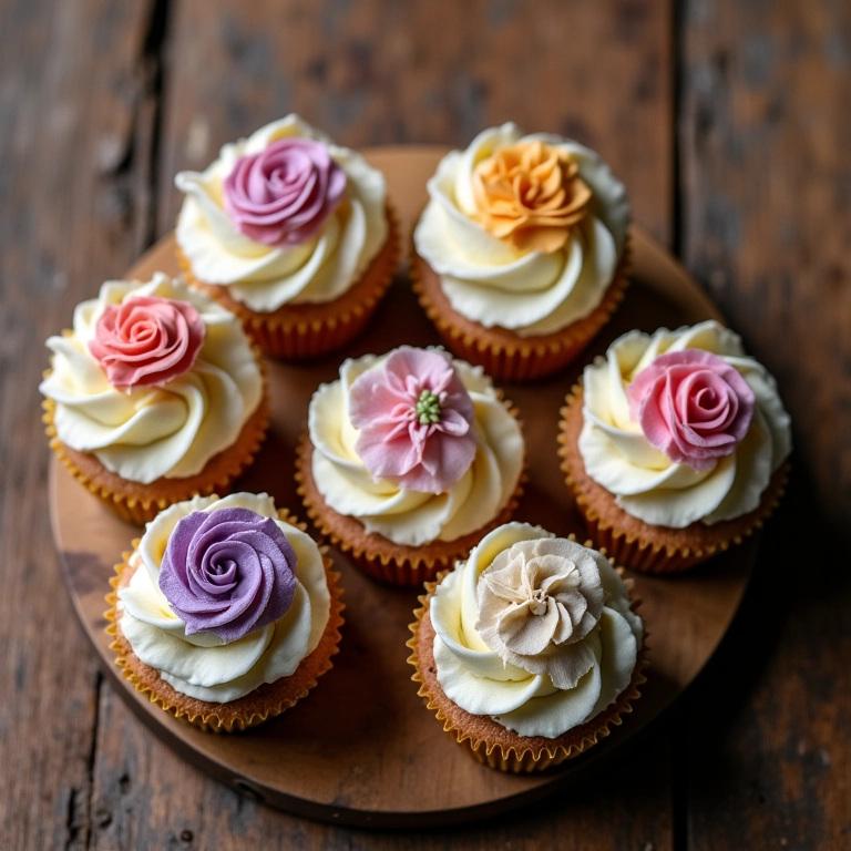 Cupcakes decorados artisticamente dispostos sobre mesa rústica.