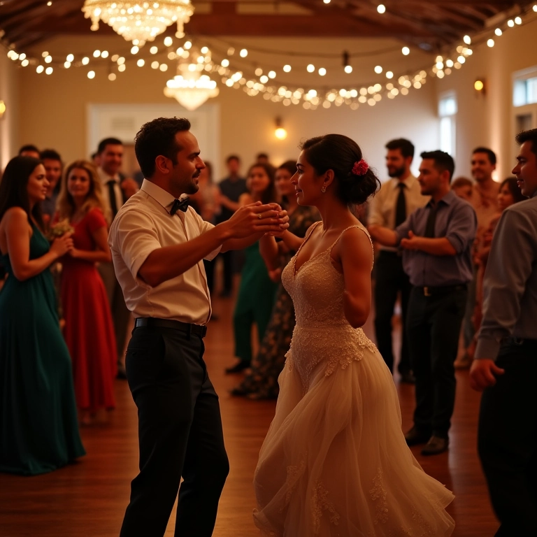 Dançarinos experientes interagindo com os convidados em uma festa de casamento animada.