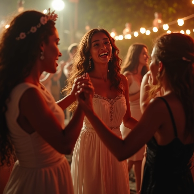 Dançarinos interagindo com os convidados durante a festa, criando momentos animados.